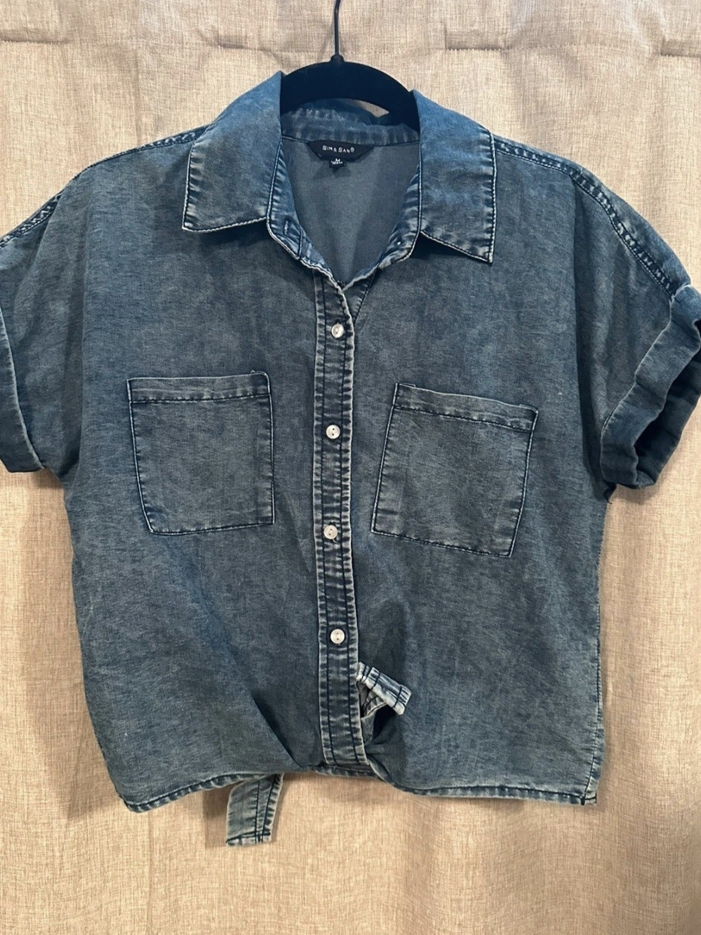 Sim & Sam Women’s Acid Wash Denim-Style Button-Up Top – Size M